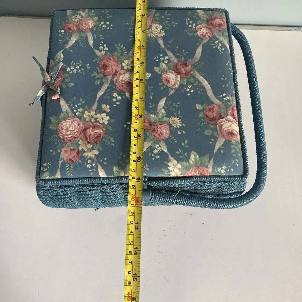 Floral Wicker Sewing Basket w Handle, Compartment Blue 10” X 10” X 7”